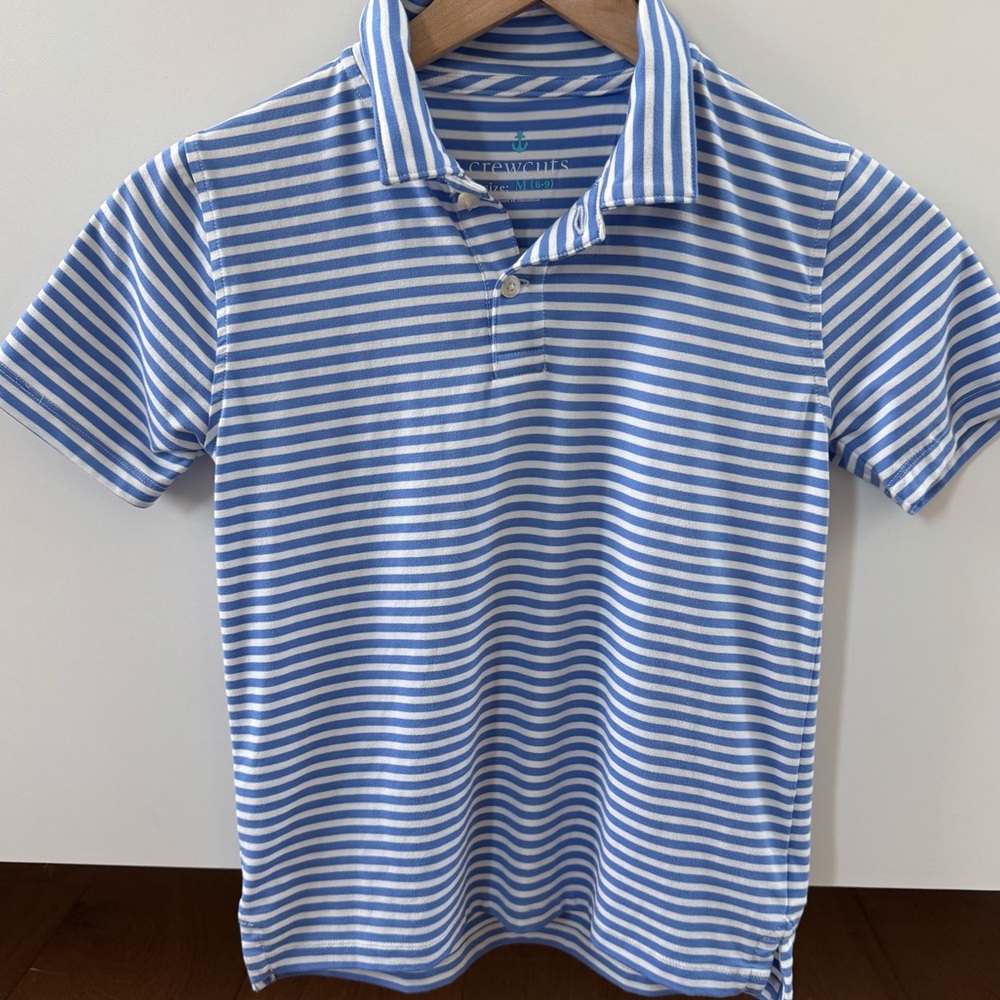 Crewcuts boys short sleeve polo in blue stripe | size medium (8-9)